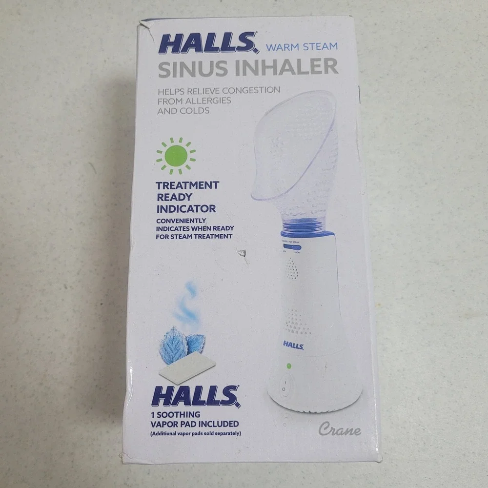 Halls Warm Steam Sinus Inhaler by Crane White Blue Handheld Congestion Relief
